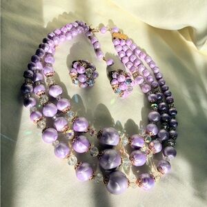 Vintage Triple Strand Purple Faux Pearl & Crystal Necklace & Matching Earrings